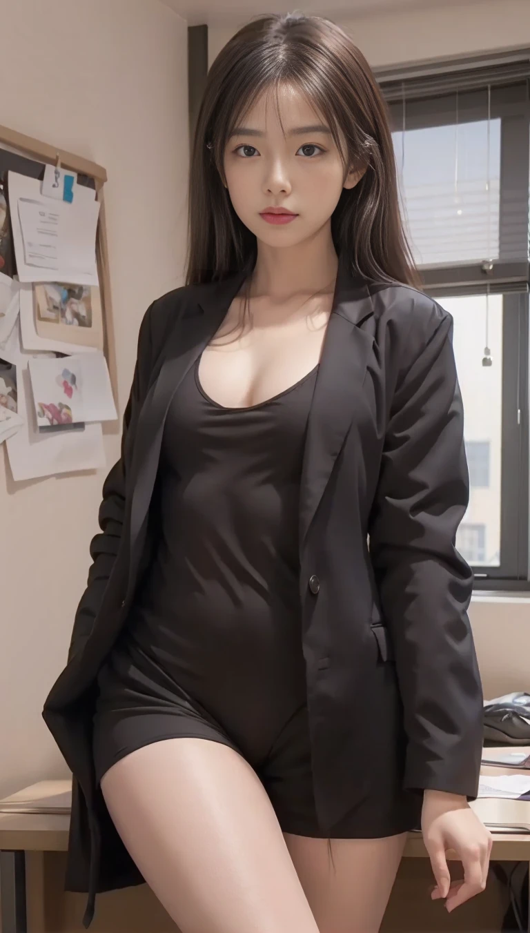 (Best quality, 8k, 32k, Masterpiece, UHD:1.2), 1girl, beautiful girl, narrow waist, black suit, (open jacket), office lady, suit, (no pants), from front of, look at viewer, office room, sitting on desk, (stick out one's buttocks:1.2), detailed face, long hair, full body, big breast, sexy ass, raise one leg