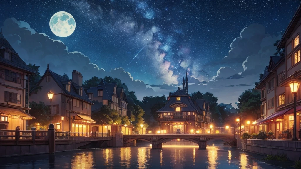 cover to listen to music, studio Ghibli or Lofi illustrations, night city landscape with starry sky