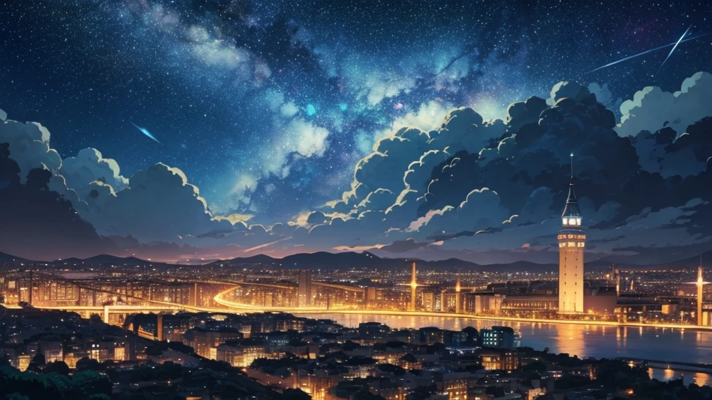 cover to listen to music, studio Ghibli or Lofi illustrations, night city landscape with starry sky