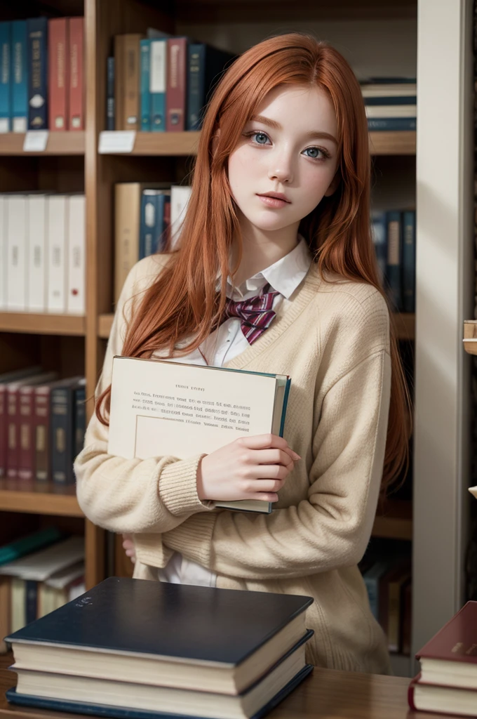 young redhead, university student, beautiful, delicate face, university uniform, books with blur