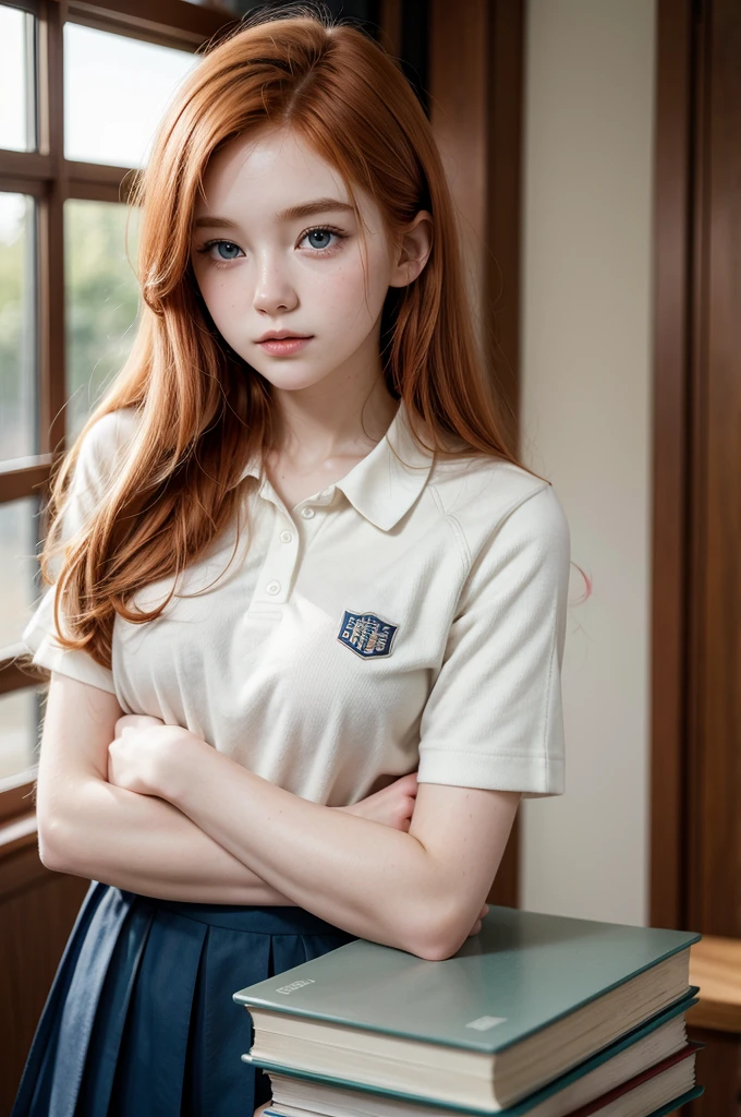 young redhead, university student, beautiful, delicate face, university uniform, books with blur