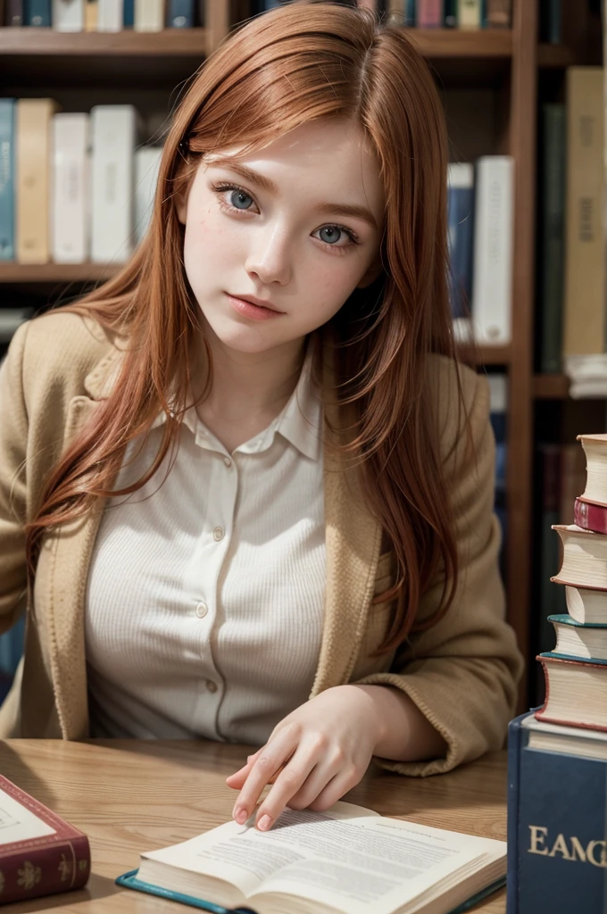 young redhead, university student, beautiful, delicate face, university uniform, books with blur