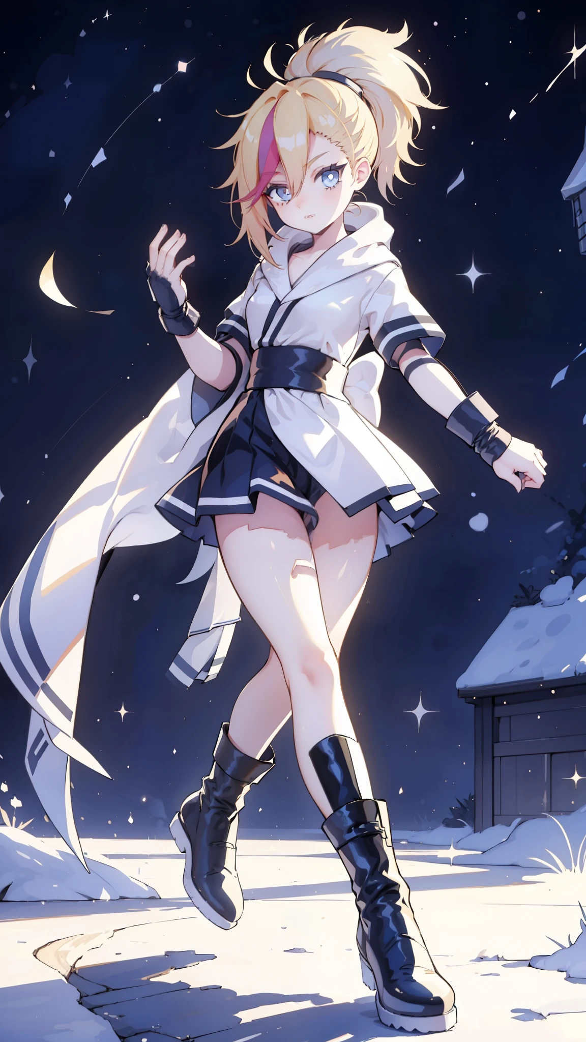 1 girl, ultra long hair, ultra detailed face, glowing lips, glowing blue eyes, very long ponytail, elegant walk, catwalk, holding down a  giant katana, blonde, long eyelashes, long boots , looking to the sky, starry sky, a ultra giant katana 