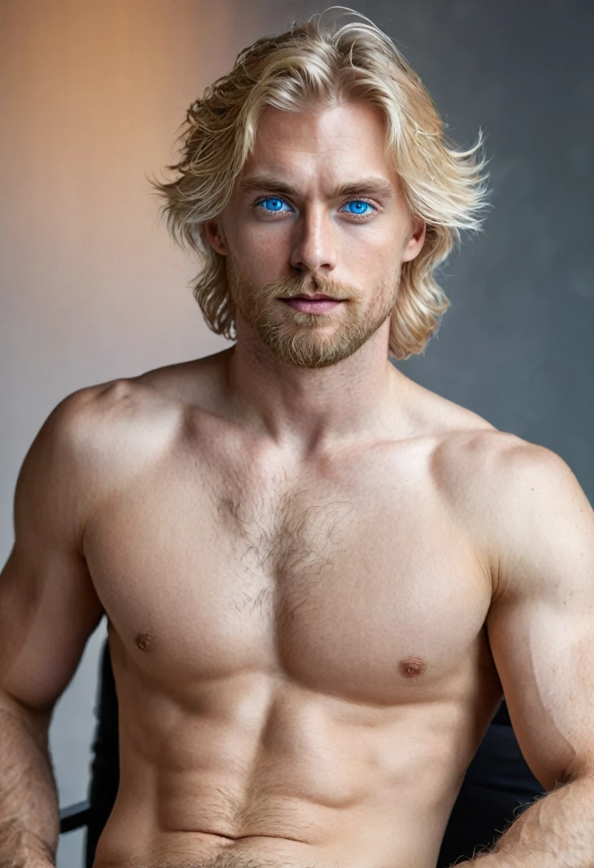 Man, 30 years old, (blue eyes and blond hair), (hairy body: 1.0), sexy pose, sitting, handsome, look to the camera, in a studio, detailed image, no shirt, with underwear, uhd, 16k