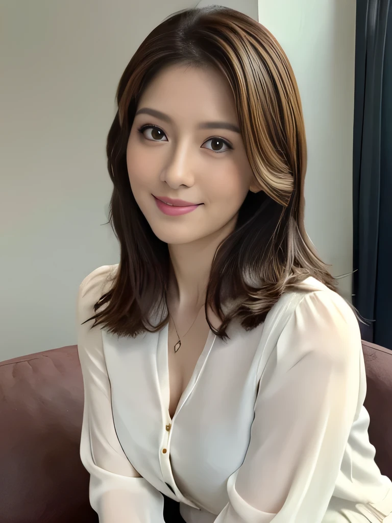 (RAW Photos), (Photorealistic), (masterpiece), (highest quality), High resolution, 8k, (Intricate details), (Volumetric light), Portraiture, woman, Age 35, Medium Hair, Medium chest, Accentuate your cleavage, Layered Hair, Brown Hair, Very beautiful eyes, Source order, Very thin eyebrows, Very fine skin, Very nice mouthfeel, Very nice nose, Cute like an idol, Smile, (Thick lips), (Looking at the audience), (Elegant blouse), Above the knee shot, ((Random body orientation)),