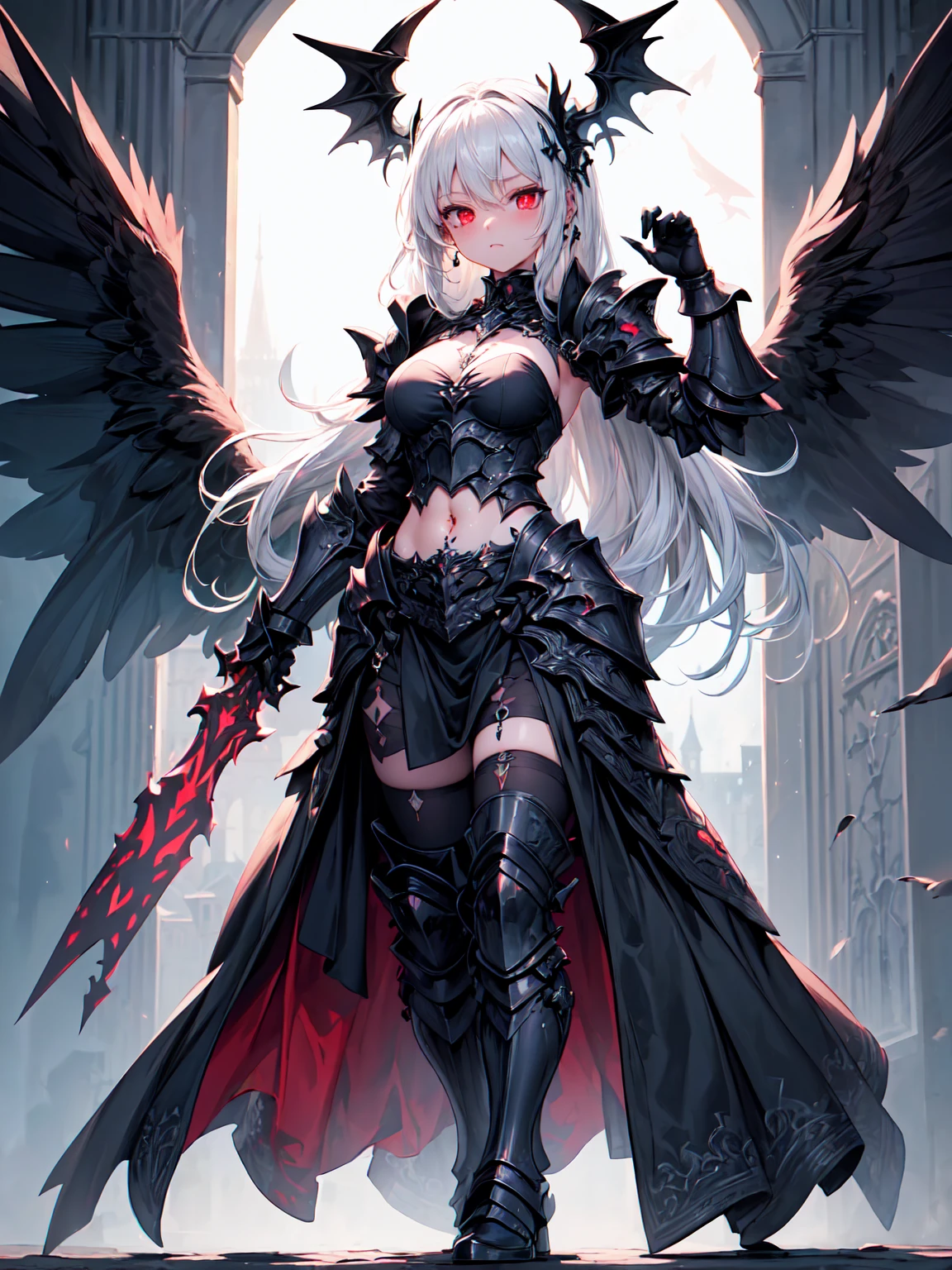 (((masterpiece, best quality, 16k)))queen power armor , (gothic style), full body view , bellybutton, The most beautiful and sexy demon goddess, long white hair, glowing red eyes, wearing detailed black gothic battle armor, black angel wings, tattoos and piercings, gothic castle, perfect masterpiece, high quality, high resolution