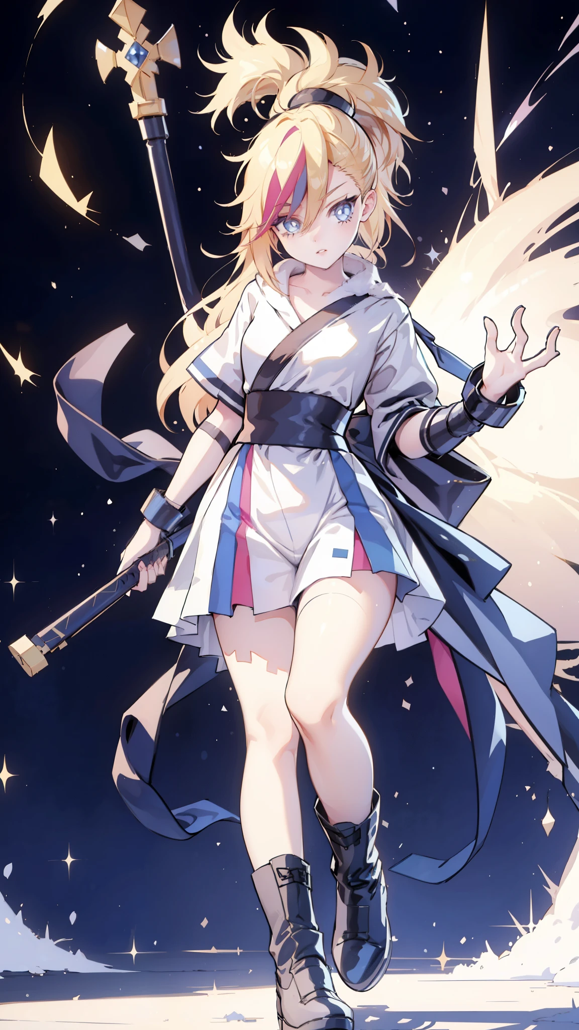 1 girl, ultra long hair, ultra detailed face, glowing lips, glowing blue eyes, very long ponytail, elegant walk, catwalk, holding down a  giant katana, blonde, long eyelashes, long boots , looking to the sky, starry sky, a ultra giant katana 