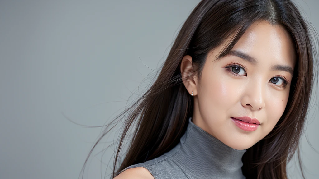 ((Detailed face)),vivid,cute,A silky grey dress with a turtleneck and sleeveless top,4K,Ultra-high resolution,(Photorealistic:1.7),Gray background,Long black hair,