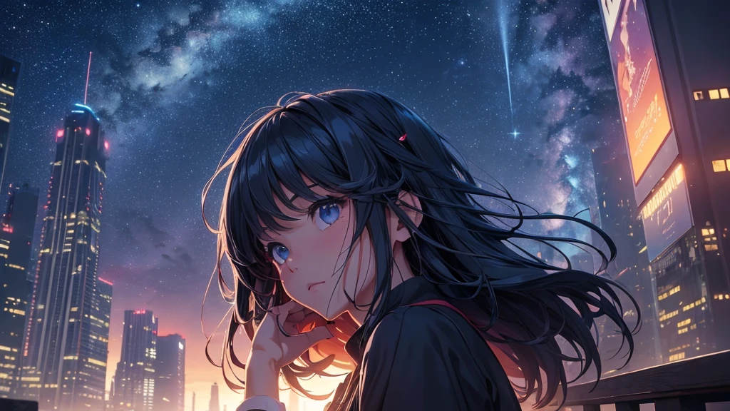a girl in a night city, studio ghibli, lofi aesthetic, detailed night sky with stars, cityscape with skyscrapers, detailed architecture, cinematic lighting, vibrant colors, (best quality,4k,8k,highres,masterpiece:1.2),ultra-detailed,(realistic,photorealistic,photo-realistic:1.37),intricate details,dramatic shadows,warm lighting,moody atmosphere,fantasy,dreamlike