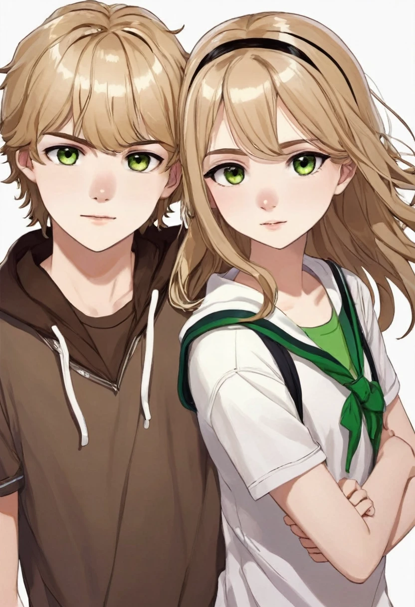 Creates a male and female teenage couple, has straight, blonde hair, greeneyes, white skin color e usa óculos eo
Menino tem cabelo cacheado e castanho escuro, light brown eyes, white skin color