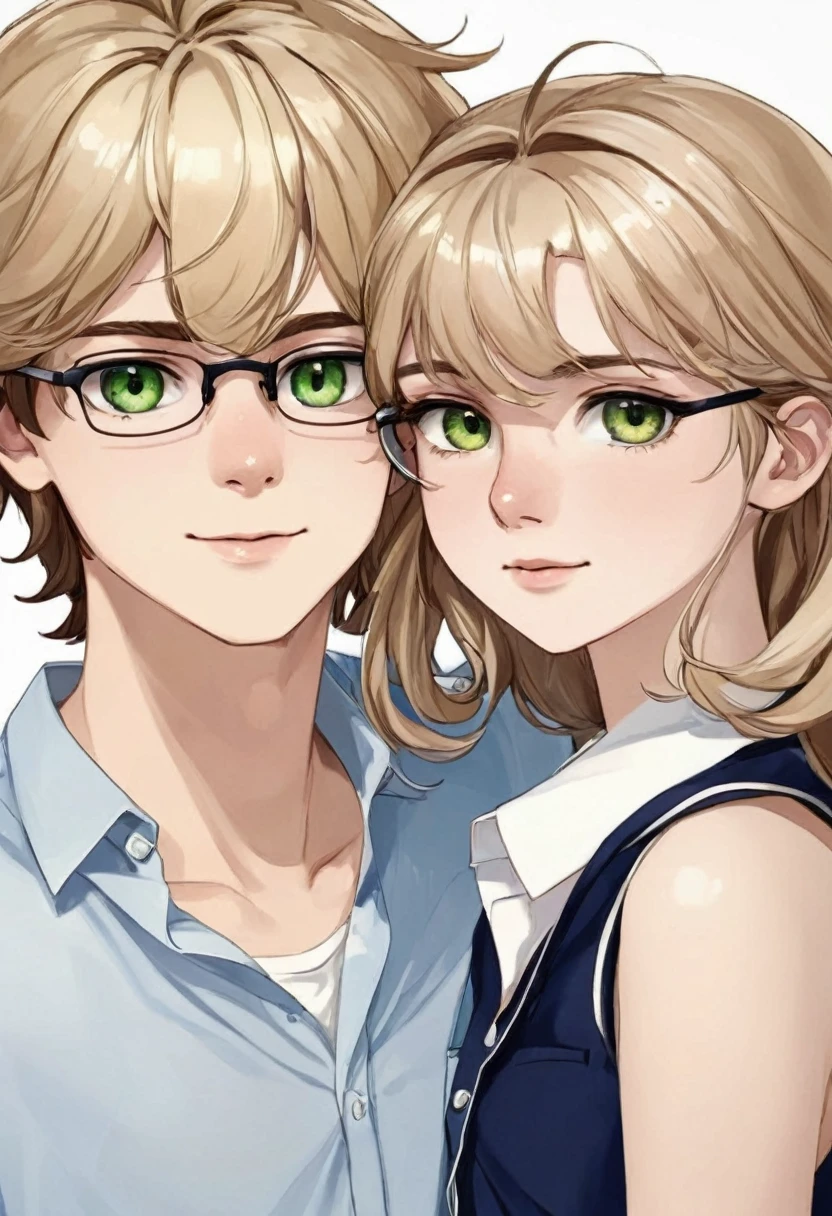 Creates a male and female teenage couple,  has straight, blonde hair, greeneyes, white skin color e usa óculos eo 
Menino tem cabelo cacheado e castanho escuro, light brown eyes, white skin color