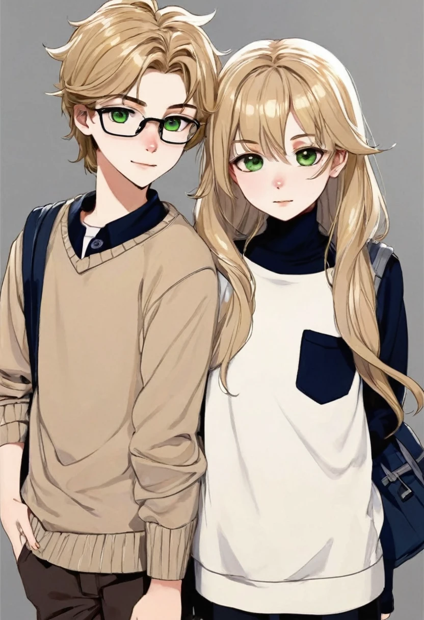 Creates a male and female teenage couple,  has straight, blonde hair, greeneyes, white skin color e usa óculos eo 
Menino tem cabelo cacheado e castanho escuro, light brown eyes, white skin color