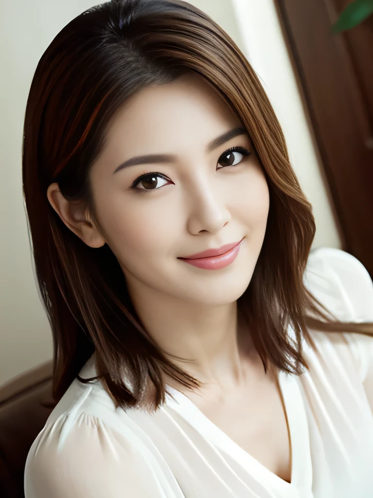 (RAW Photos), (Photorealistic), (masterpiece), (highest quality), High resolution, 8k, (Intricate details), (Volumetric light), Portraiture, woman, Age 35, Medium Hair, Medium chest, Accentuate your cleavage, Layered Hair, Brown Hair, Very beautiful eyes, Source order, Very thin eyebrows, Very fine skin, Very nice mouthfeel, Very nice nose, Cute like an idol, Smile, (Thick lips), (Looking at the audience), (Elegant blouse), Above the knee shot, ((Random body orientation)),