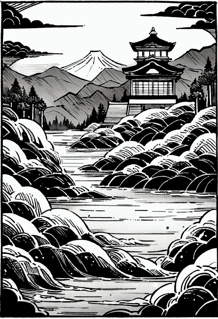 A traditional Japanese landscape in the style of Hokusai, featuring the iconic red Rokkakudo building on a cliff overlooking a calm sea. The scene includes pine trees and a serene, tranquil atmosphere, depicted in black and white woodblock print style, with a special touch resembling a traditional Goshuin (temple stamp)