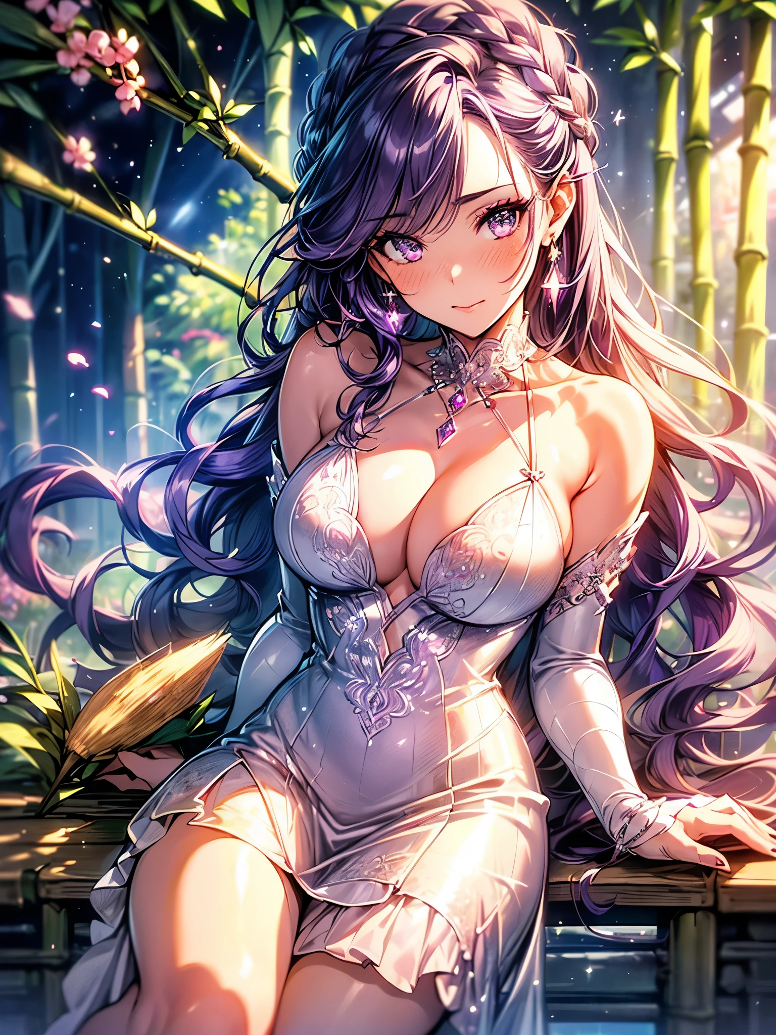 (overhead view), mature woman, 1girl, (masterpiece, best quality, ultra-detailed), sharp focus, detailed face, face focus, extremely detailed eyes, long hair, crown braid, hair over shoulder, (silvery-purple hair:1.3), purple eyes, (glitter eyes:1.2), long eyelashes, (heavy blush, drunk:1.2), delicate makeup, big breasts, ((pink and white intricate dress, bare shoulders, cleavage)), ((twilight, holding diamond shard, exploring, bamboo shoots background, grass, green particles surrounds, tranquil pond, cherry blossom backdrop, breeze)), cinematic lighting, rim lightning, ray tracing, shadowing, dynamic angle