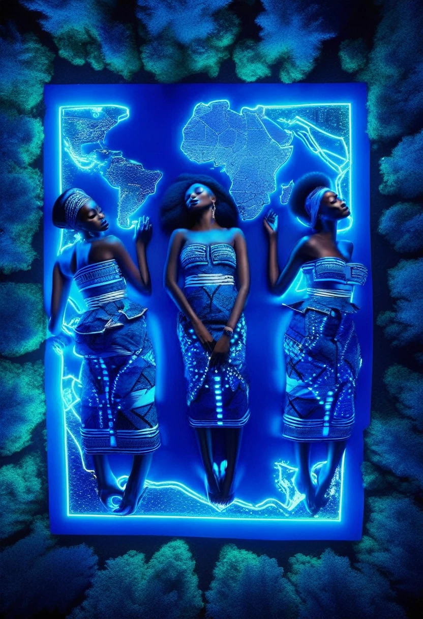 a beautiful aerial view of four happy african woman dressed in blue african designed attire, sleeping on neon lit glowing map of Africa in the forest while staring at the sky, night time with blue light shining down on them creating a blue colour grading, cinematic lighting, 32k, ultra HD, hyper-realistic image , octane 3d rendering