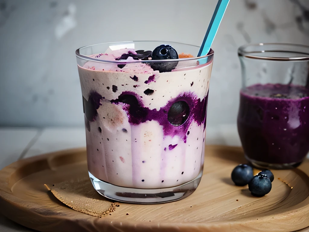 Create a photo of a silken tofu and blueberry smoothie , soy milk that the decoration is the ingredients and is in a shop glass