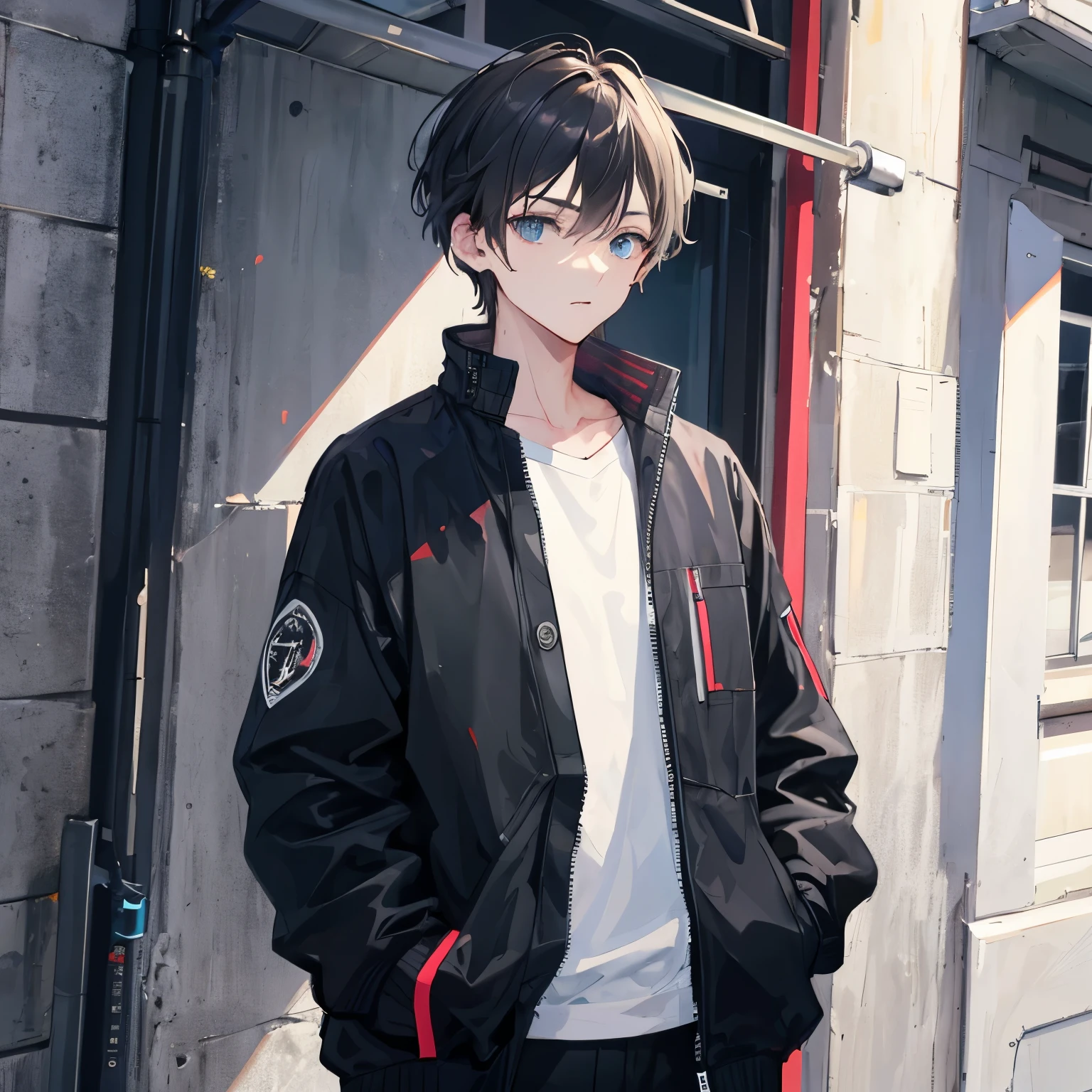 ((best quality)), ((masterpiece)), (detailed), boy wearing black jacket，One hand in pocket
