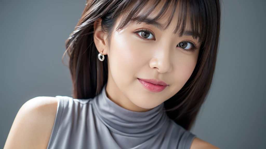 ((Detailed face)),vivid,cute,A silky grey dress with a turtleneck and sleeveless top,4K,Ultra-high resolution,(Photorealistic:1.7),Gray background,Long black hair,