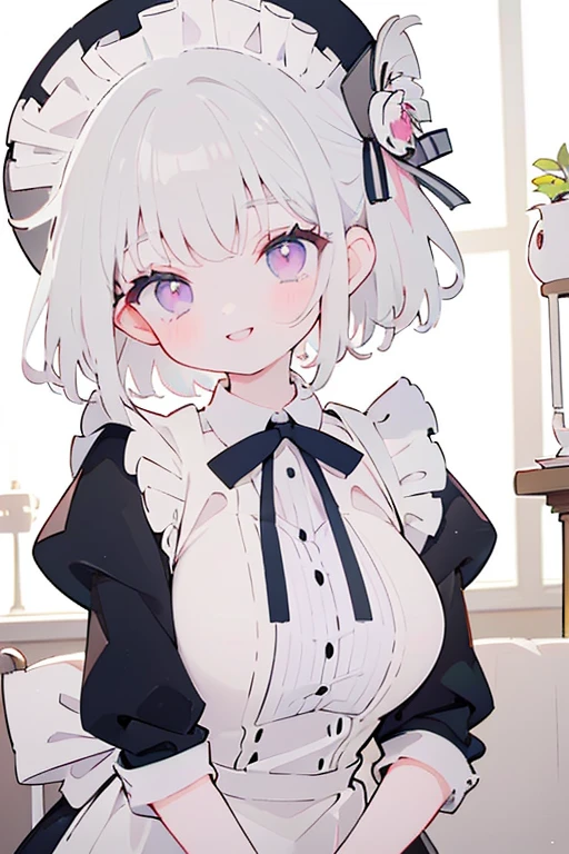 Gray Hair、Purple eyes、Very delicate eyes、beautiful girl、cute、Maid clotheaid hat、smile、Cheeks、A gentle smile、Big eyes