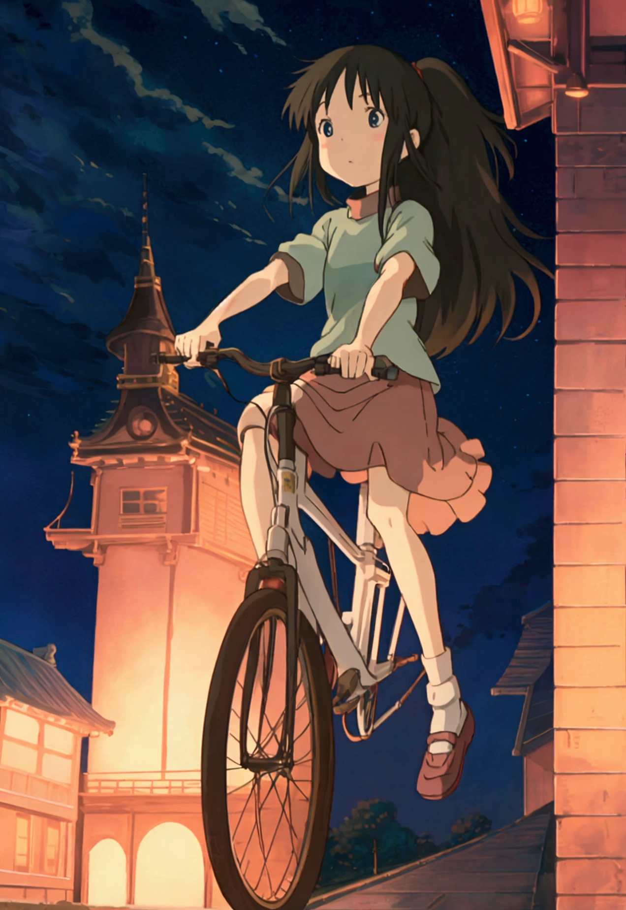 Ghibli　night　moon　flying　bicycle　girl