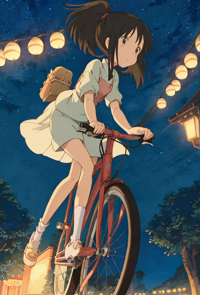 Ghibli　night　moon　flying　bicycle　girl