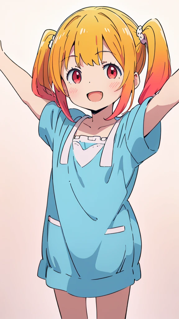 ((masterpiece))((Highest quality))girl、Laughing with your mouth open、blush、Flat Chest、Are thin、Blonde Hair、blush、Are standing、Whole body image、Eye level on face、、No background、Blue clothes、Hair is two colors、Twin tails、Red Eyes、Two-tone red and yellow hair、With open arms