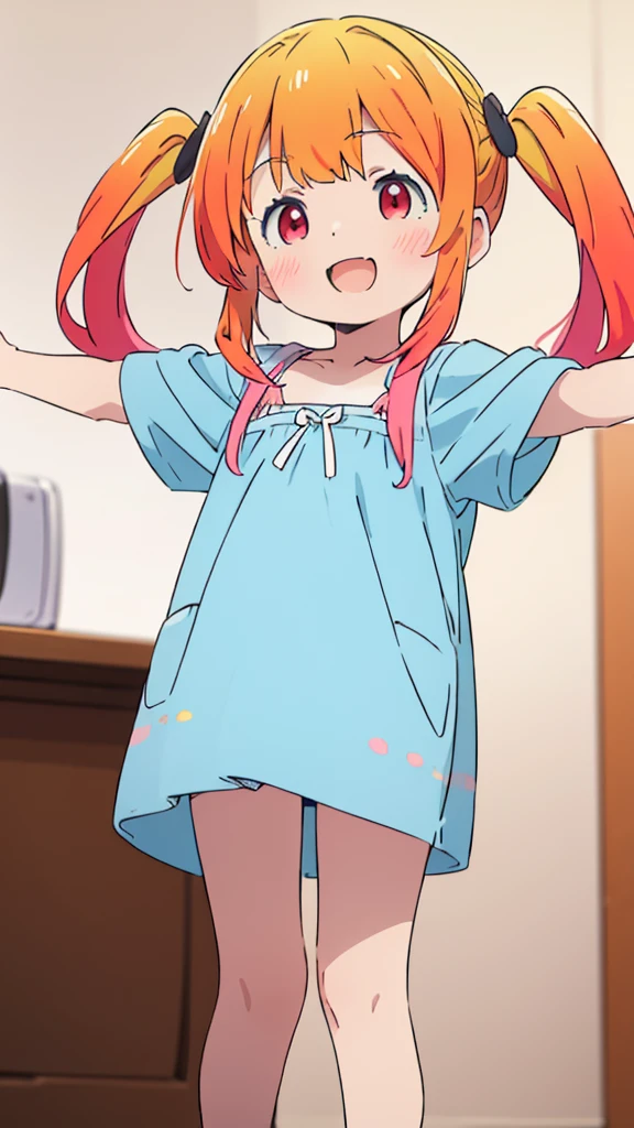 ((masterpiece))((Highest quality))girl、Laughing with your mouth open、blush、Flat Chest、Are thin、Blonde Hair、blush、Are standing、Whole body image、Eye level on face、、No background、Blue clothes、Hair is two colors、Twin tails、Red Eyes、Two-tone red and yellow hair、With open arms