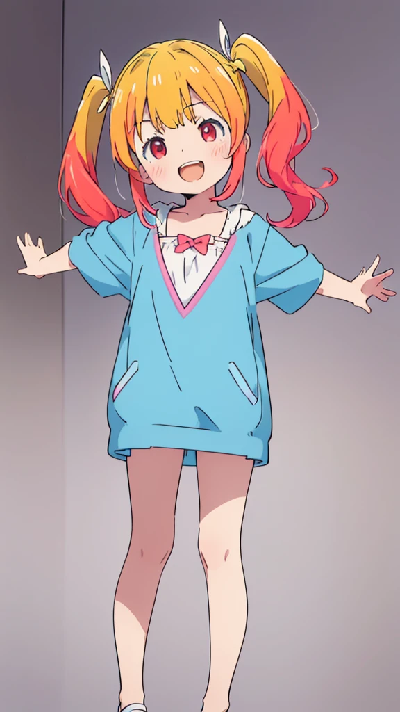 ((masterpiece))((Highest quality))girl、Laughing with your mouth open、blush、Flat Chest、Are thin、Blonde Hair、blush、Are standing、Whole body image、Eye level on face、、No background、Blue clothes、Hair is two colors、Twin tails、Red Eyes、Two-tone red and yellow hair、With open arms