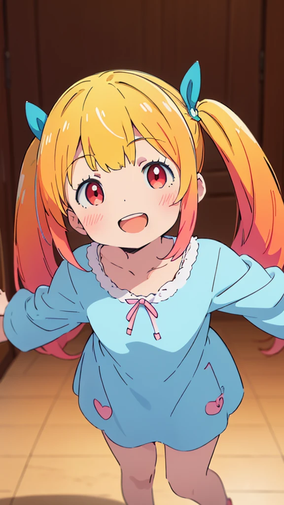 ((masterpiece))((Highest quality))girl、Laughing with your mouth open、blush、Flat Chest、Are thin、Blonde Hair、blush、Are standing、Whole body image、Eye level on face、、No background、Blue clothes、Hair is two colors、Twin tails、Red Eyes、Two-tone red and yellow hair、With open arms