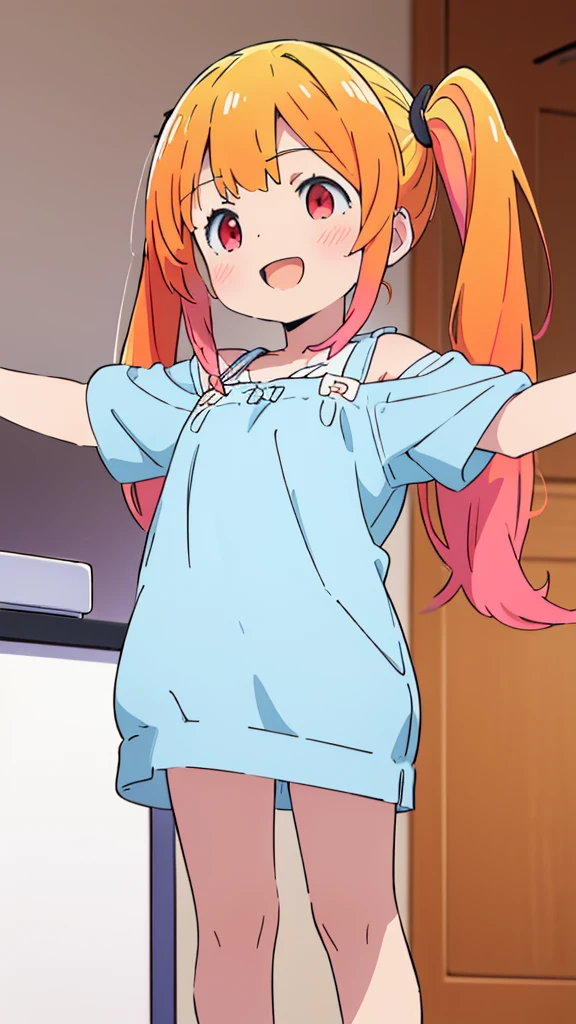 ((masterpiece))((Highest quality))girl、Laughing with your mouth open、blush、Flat Chest、Are thin、Blonde Hair、blush、Are standing、Whole body image、Eye level on face、、No background、Blue clothes、Hair is two colors、Twin tails、Red Eyes、Two-tone red and yellow hair、With open arms