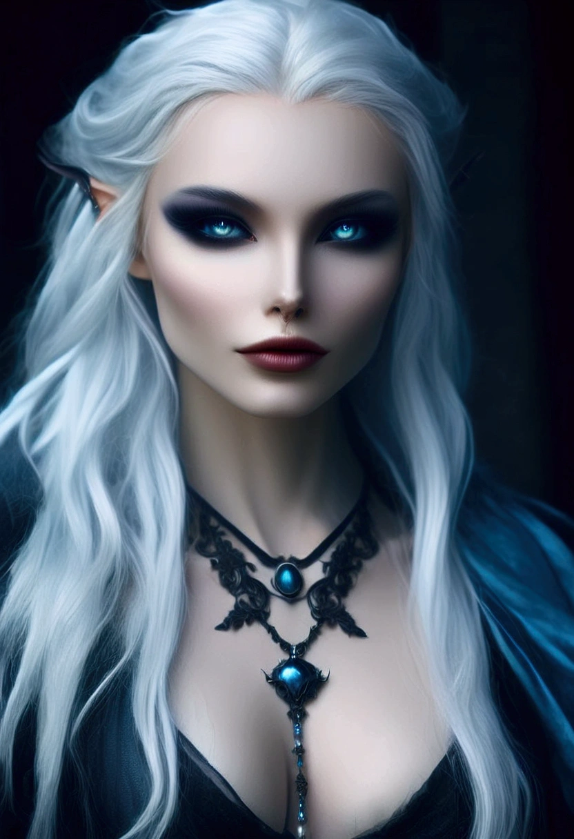 a woman with white hair and blue eyes wearing a black dress, beautiful dark elf countess, dark goth queen with blue eyes, very beautiful elven top model, portrait of very beautiful elf, dark fantasy portrait, dark elf princess, portrait of an elf queen, fantasy portrait, fantasy art portrait, dark fantasy mixed with realism, beautiful and elegant female elf
