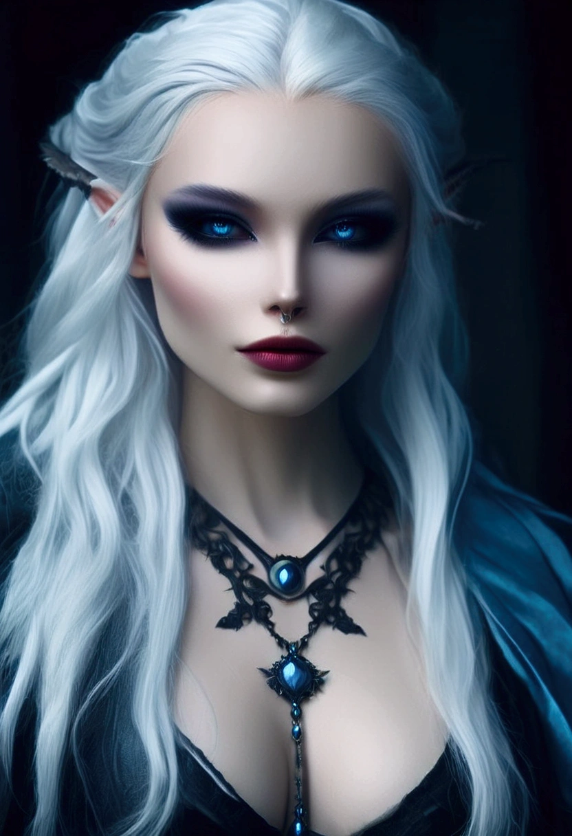 a woman with white hair and blue eyes wearing a black dress, beautiful dark elf countess, dark goth queen with blue eyes, very beautiful elven top model, portrait of very beautiful elf, dark fantasy portrait, dark elf princess, portrait of an elf queen, fantasy portrait, fantasy art portrait, dark fantasy mixed with realism, beautiful and elegant female elf