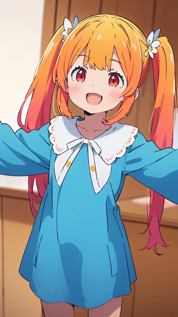 ((masterpiece))((Highest quality))girl、Laughing with your mouth open、blush、Flat Chest、Are thin、Blonde Hair、blush、Are standing、Whole body image、Eye level on face、、No background、Blue clothes、Hair is two colors、Twin tails、Red Eyes、Two-tone red and yellow hair、With open arms