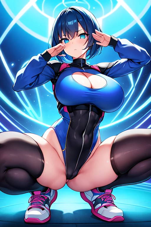 1girl, large breasts, thick thighs, blue hair, very short hair, shoes, sneakers, bodysuit, black bodysuit, cleavage, neon trim, neon lights, machinery, futurustic, science-fiction, tech, serious, spread legs, squatting, toned, ((toned)), salute, black thighhighs, thighhighs, mature female, milf, abs, robot, robot girl, highleg