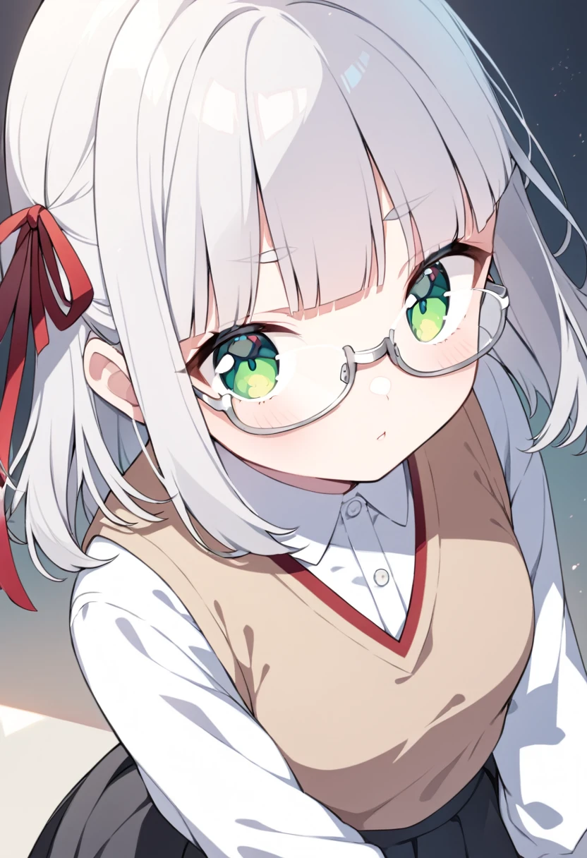 cute girl, silver hair, blunt bangs, (short bangs above brows), silver framed glasses, wearing , (white shirt, red ribbon, light brown vest, black skirt), green eyes