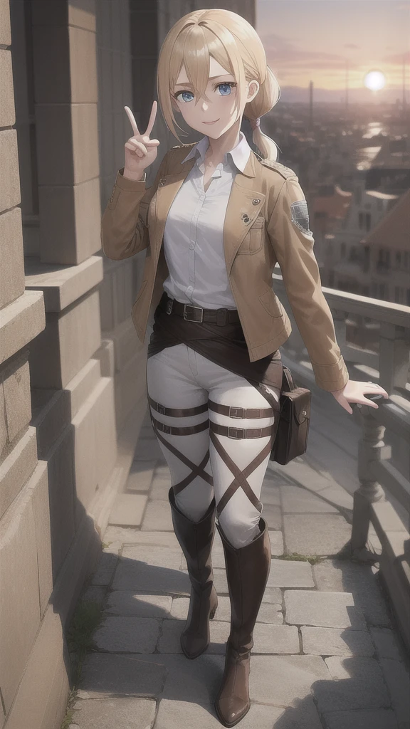 masterpiece, best quality, highres,
castle ruins, sunset, serious expression,
1girl, solo, looking at viewer, smile, v, peace sign,
historia, christa renz, blonde hair, blue eyes, hair between eyes, short hair, ponytail, official art,
jacket, brown jacket, emblem, belt, thigh strap, pants, white pants, boots, shirt, white shirt, collared shirt, full body, standing