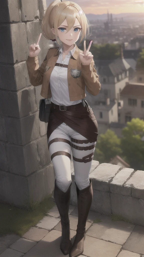 masterpiece, best quality, highres,
castle ruins, sunset, serious expression,
1girl, solo, looking at viewer, smile, v, peace sign,
historia, christa renz, blonde hair, blue eyes, hair between eyes, short hair, ponytail, official art,
jacket, brown jacket, emblem, belt, thigh strap, pants, white pants, boots, shirt, white shirt, collared shirt, full body, standing