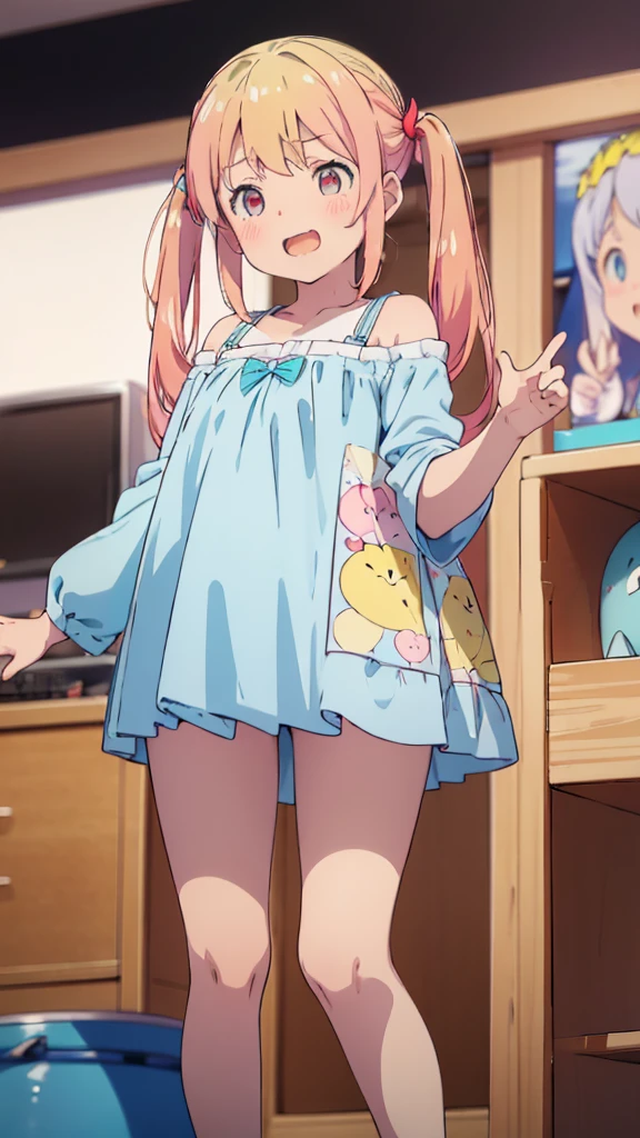 ((masterpiece))((Highest quality))girl、Laughing with your mouth open、blush、Flat Chest、Are thin、Blonde Hair、blush、Are standing、Whole body image、Eye level on face、、No background、Blue clothes、Hair is two colors、Twin tails、Red Eyes、Two-tone red and yellow hair、With open arms