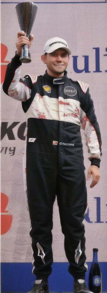 racing driver, Grinning, holding trophy, black jumpsuit
