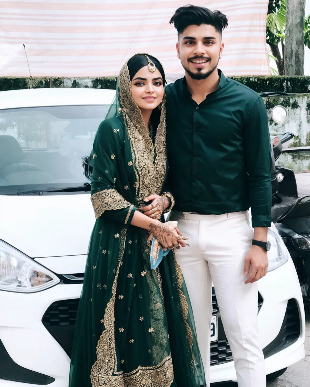 RAW, Best quality, high resolution, Masterpiece: 1.4), Two beautiful individuals, one male and one female, dressed in Islamic attire (thobes and hijabs), celebrating Eid Mubarak against a radiant and delicious feast background, Apology hands extended in a heartfelt gesture, Realistic and intricately detailed, 1.8,Two individuals in harmony, Gentle smiles exchanged, Charming eyes bright with happiness,Detailed faces with expressive features,Flawless and vibrant traditional clothing, Particularly breathtaking,Luminous hand gestures of apology, Ivory and saffron outfits gleaming in the joyous