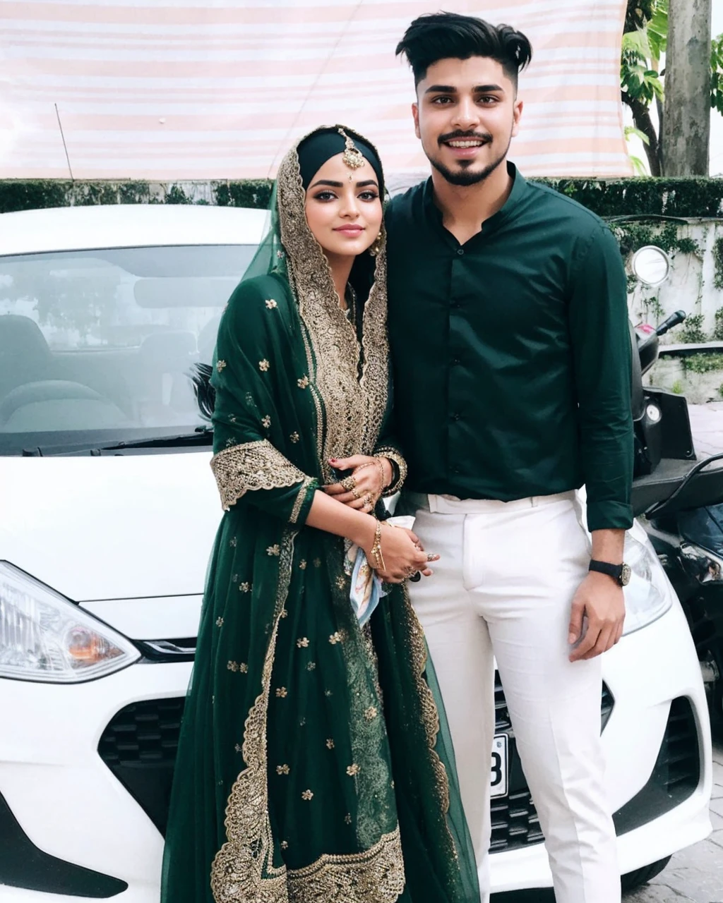 RAW, Best quality, high resolution, Masterpiece: 1.4), Two beautiful individuals, one male and one female, dressed in Islamic attire (thobes and hijabs), celebrating Eid Mubarak against a radiant and delicious feast background, Apology hands extended in a heartfelt gesture, Realistic and intricately detailed, 1.8,Two individuals in harmony, Gentle smiles exchanged, Charming eyes bright with happiness,Detailed faces with expressive features,Flawless and vibrant traditional clothing, Particularly breathtaking,Luminous hand gestures of apology, Ivory and saffron outfits gleaming in the joyous