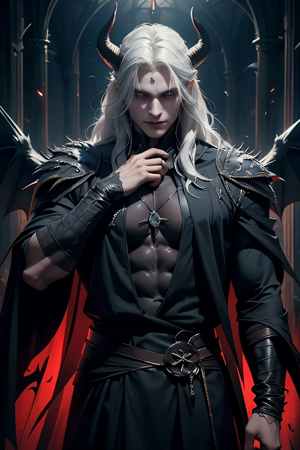 ((Best quality)), ((masterpiece)), 8k (detailed), ((perfect face)), perfect proporcions, ((halfbody)) he is a sorcerer, he is 30 years old, he dresses in a wizard's robe, gothic style, he has red eyes, he has long wavy white hair, he is in a witcher's hut, he is strong and muscular, he has the bare torso, he is a demon ((perfect face)) sexy male, gothic make up ((fullfbody)) white hair, he has demon wings, he has black horns, horns, demon, dominant, man face, ((perfect eyes)) 