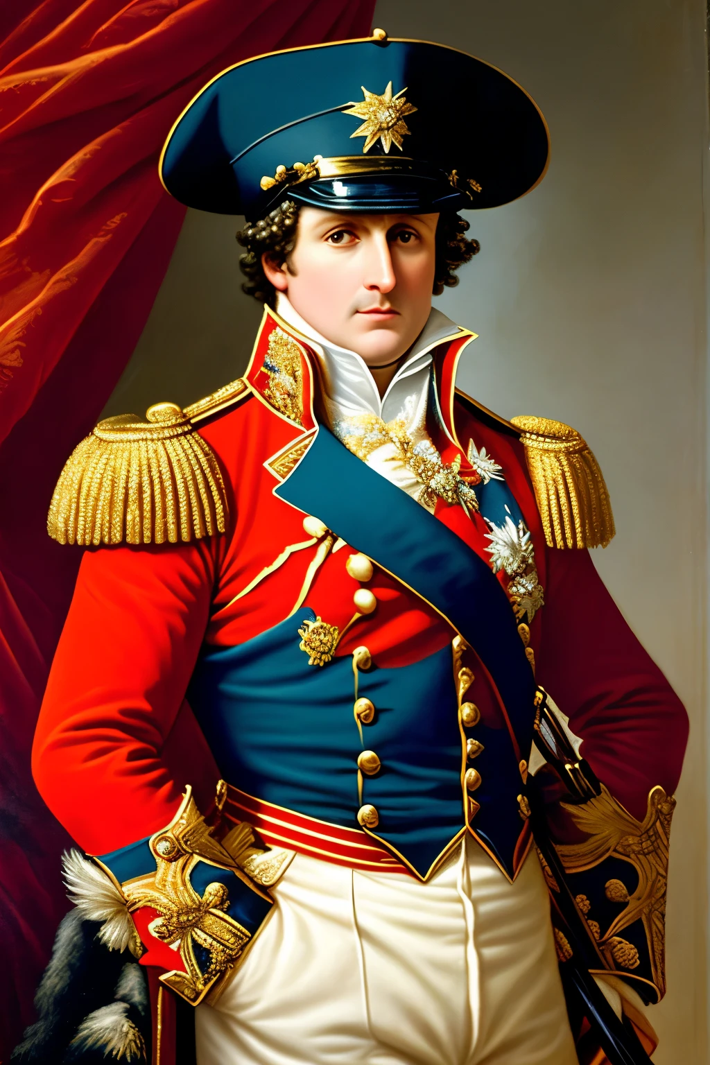 Napoleon Bonaparte, depicted in a realistic oil painting, is shown in a three-quarter view, donning his iconic bicorne hat and military uniform. The painting displays Napoleon's intense gaze, with a hint of determination and wisdom in his eyes. His posture is confident and assertive, reflecting his historical prominence. The background of the painting features a dimly lit, historic theatre, with warm, soft light illuminating Napoleon, creating a dramatic and dramatic effect. The overall art quality is astonishingly high, with meticulous attention to detail, capturing the very essence of Napoleon Bonaparte and Fernando Haddad's meeting in this historical moment. The painting is rendered in