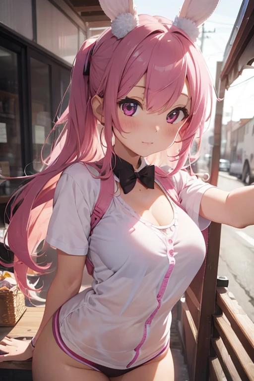 cute and sexy girl, pink hair, a bunny girl, ultra realistic, detailed lighting, anime, having  