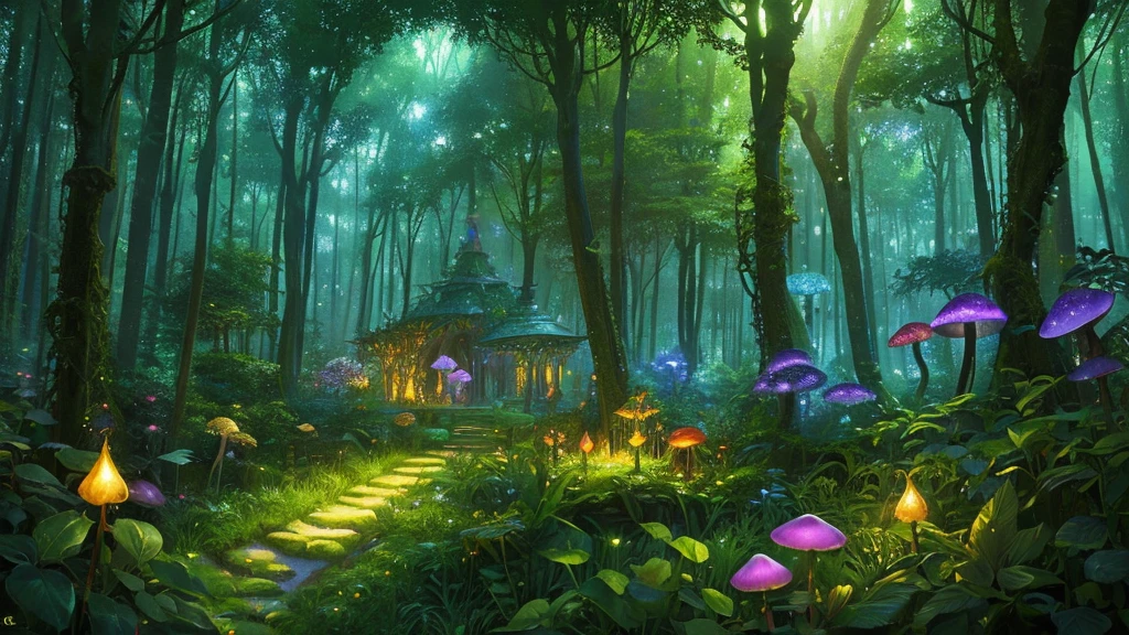 a fantastical magical forest, exotic plants, an illuminated path, magical lights, extravagant and fantastical composition, fairy realm, detailed lush vegetation, whimsical mushrooms, glowing fireflies, vibrant colors, dramatic lighting, surreal atmosphere, photorealistic, 8k, best quality, masterpiece
