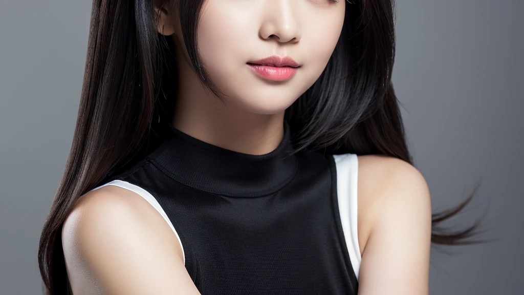 ((Detailed face)),vivid,cute,A silky black and white outfit with a turtleneck and sleeveless top,4K,Ultra-high resolution,(Photorealistic:1.7),Gray background,Long black hair,