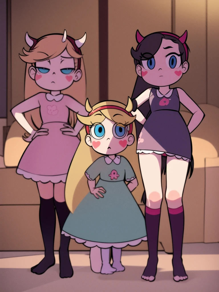 masterpiece, Best Quality, StarButterfly, ashamed, blush, standing, hands on the hips, 1 girl, by rubio, hats with horns, hair band, by the wide, Alone, blue eyes, facial mark, very by the wide, blush stickers, looking at the viewer, inside, bedroom, marnie_attire, dress, pink dress, striped longsocks