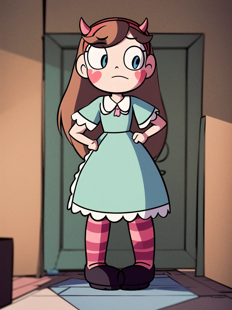 masterpiece, Best Quality, StarButterfly, ashamed, blush, standing, hands on the hips, 1 girl, by rubio, hats with horns, hair band, by the wide, Alone, blue eyes, facial mark, very by the wide, blush stickers, looking at the viewer, inside, bedroom, marnie_attire, dress, pink dress, striped longsocks