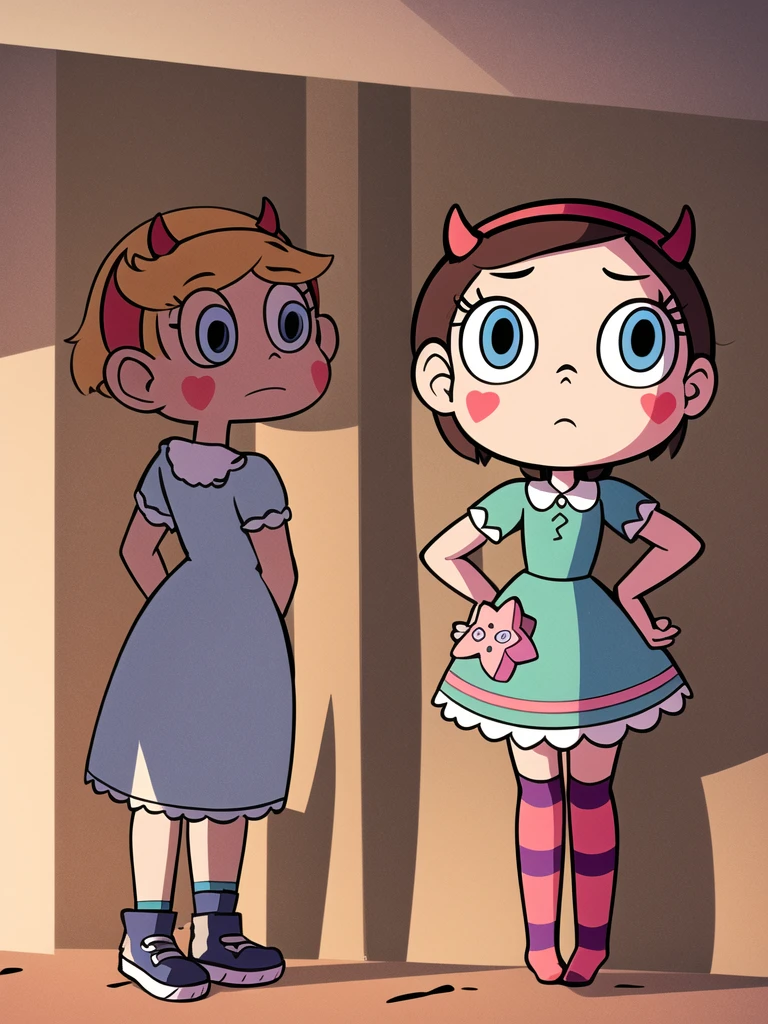 masterpiece, Best Quality, StarButterfly, ashamed, blush, standing, hands on the hips, 1 girl, by rubio, hats with horns, hair band, by the wide, Alone, blue eyes, facial mark, very by the wide, blush stickers, looking at the viewer, inside, bedroom, marnie_attire, dress, pink dress, striped longsocks